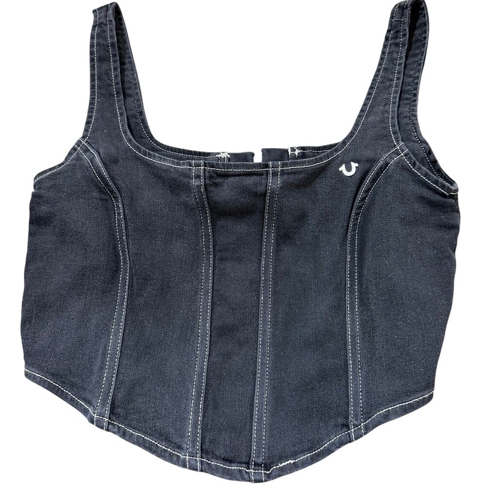 **True Religion Black Denim Corset Crop Top Women’s Size L Lace-Up Back Y2K**